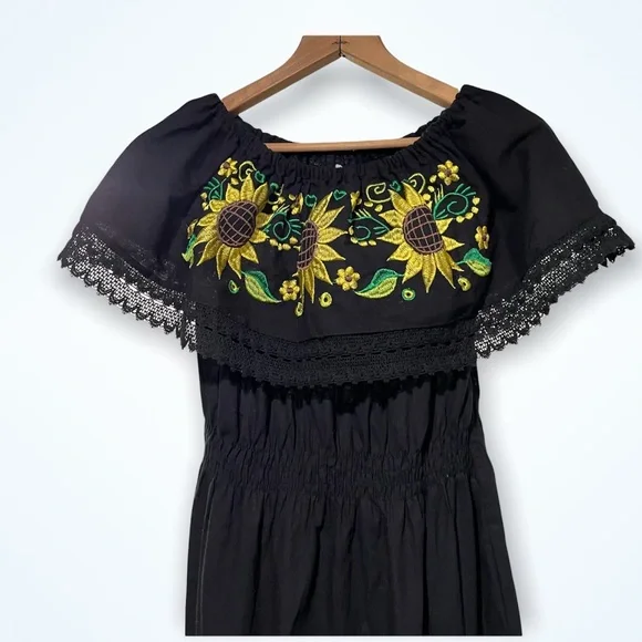 Vintage | Dresses | Vintage Embroidered Sunflower Dress Black Large |  Poshmark